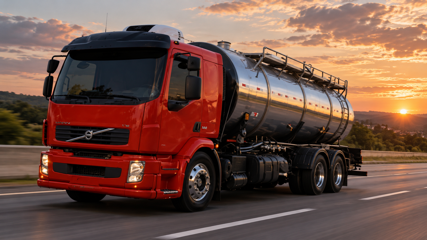 Caminhão-tanque Volvo da frota RTR Transportes em rodovia ao pôr do sol